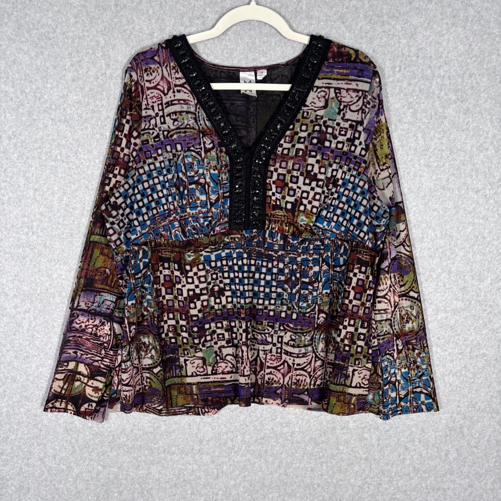 90s Mesh Jeweled Babydoll Top 2X Abstract Embellished Fairy Artsy Art to Wear‎